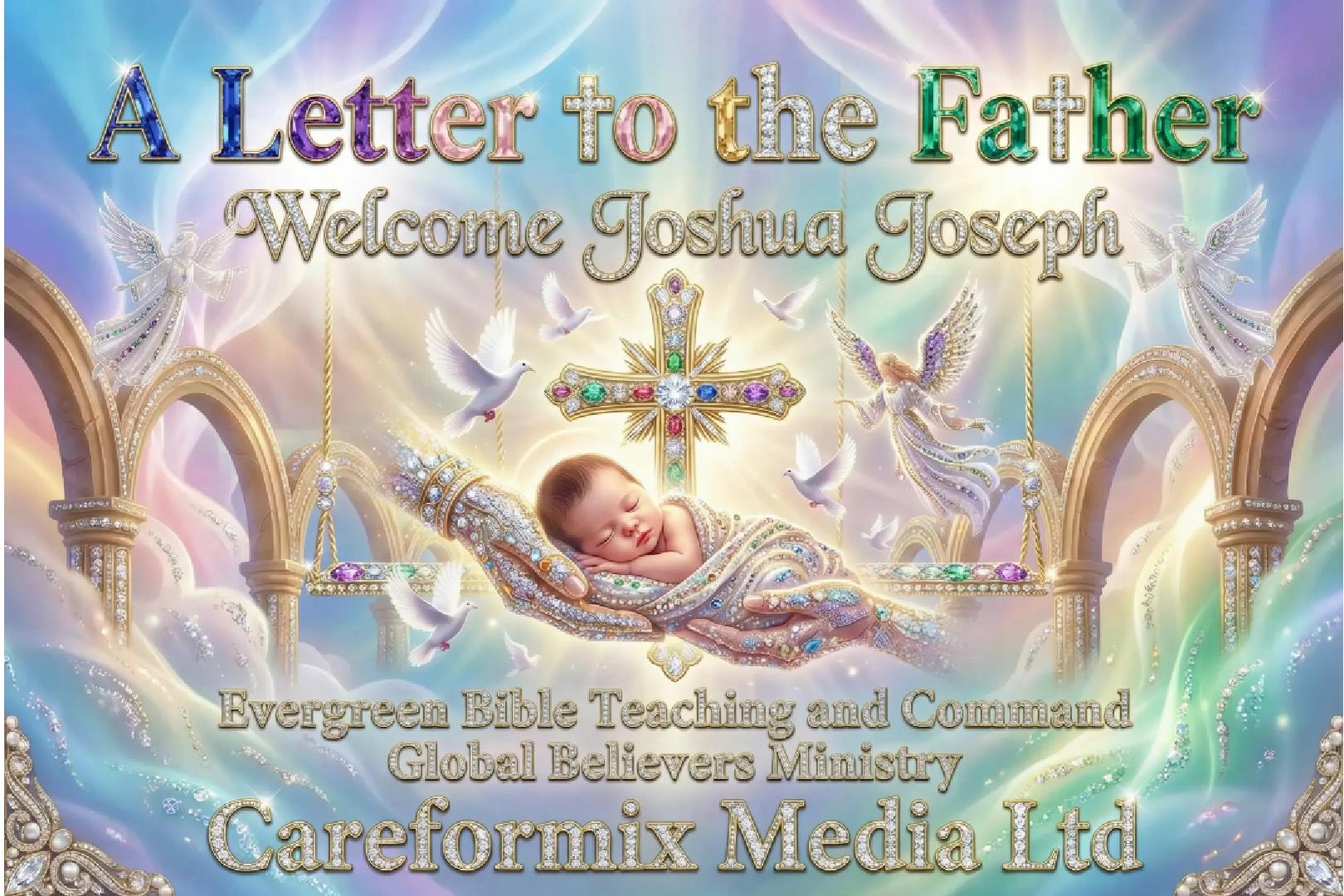 Christian cover artwork showing a newborn baby cradled in divine hands beneath a glowing cross, surrounded by angels and heavenly light, symbolizing prayer, surrender, and blessing. Text reads “A Letter to the Father” and “Welcome Joshua Joseph” by Careformix Media Ltd.