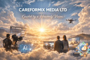 Heavenly vision inspired digital illustration showing CAREFORMIX MEDIA LTD’s faith-driven cinematic storytelling, AI-assisted virtual production, filmmaking, and ethical digital marketing, symbolizing creativity, purpose, and global innovation.