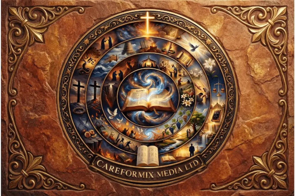 CareForMix Media Ltd official logo featuring a circular symbolic illustration with an open book at the center, representing storytelling, faith, knowledge, and cinematic media creation.