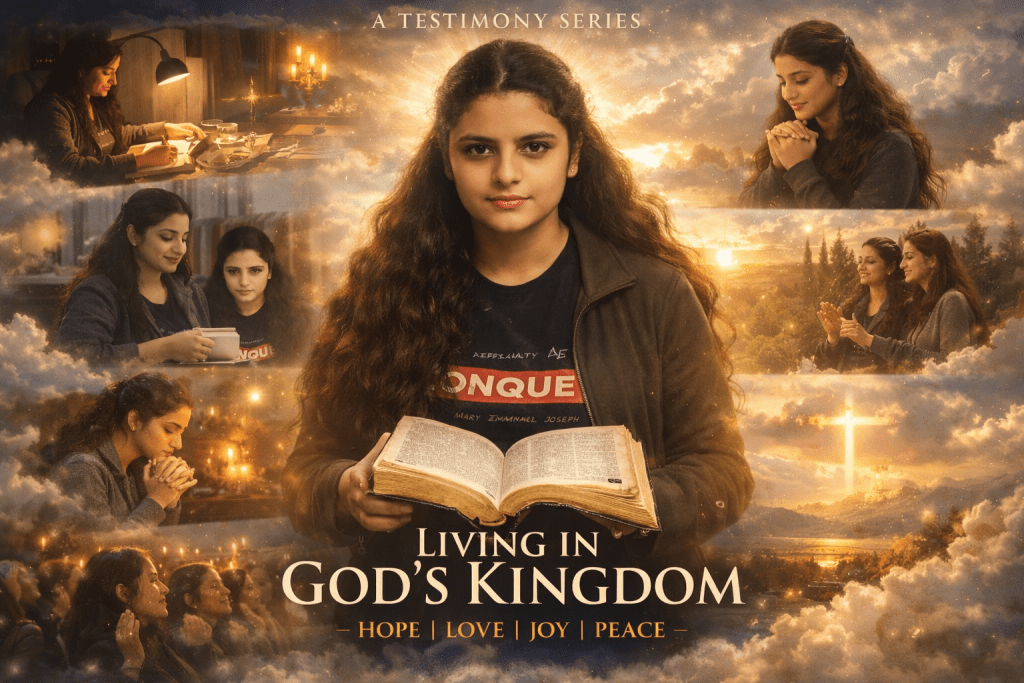 Sister Mary Emmanuel Joseph holding an open Bible at the center of a golden heavenly collage showing prayer, worship, fellowship, and a glowing cross in the background.