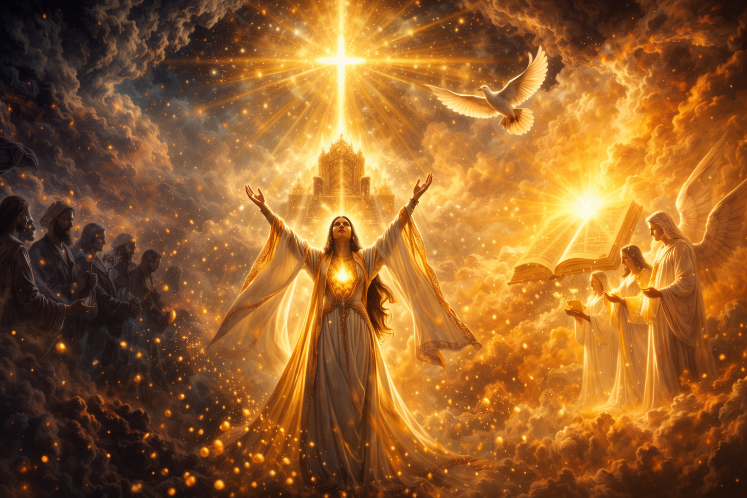 South Asian woman in white and gold prayer robes worshipping in a radiant heavenly courtroom as a golden cross shines above, angels record her life in glowing scrolls, and divine light rises from her heart toward God’s throne.