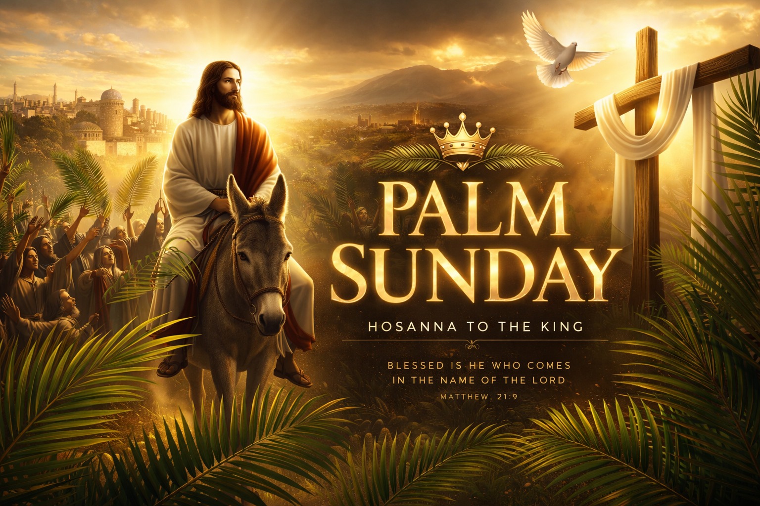 Golden cross with palm leaves, crown, and white doves glowing in heavenly light representing Palm Sunday and the triumphant entry of Jesus Christ into Jerusalem