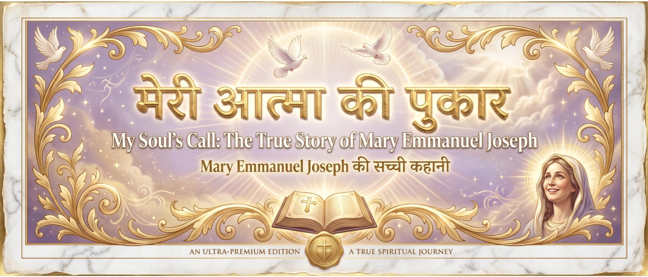 A golden and lavender spiritual book cover with Hindi and English title text, white doves, an open Bible, glowing clouds, ornate gold borders, and a young woman looking upward in faith.