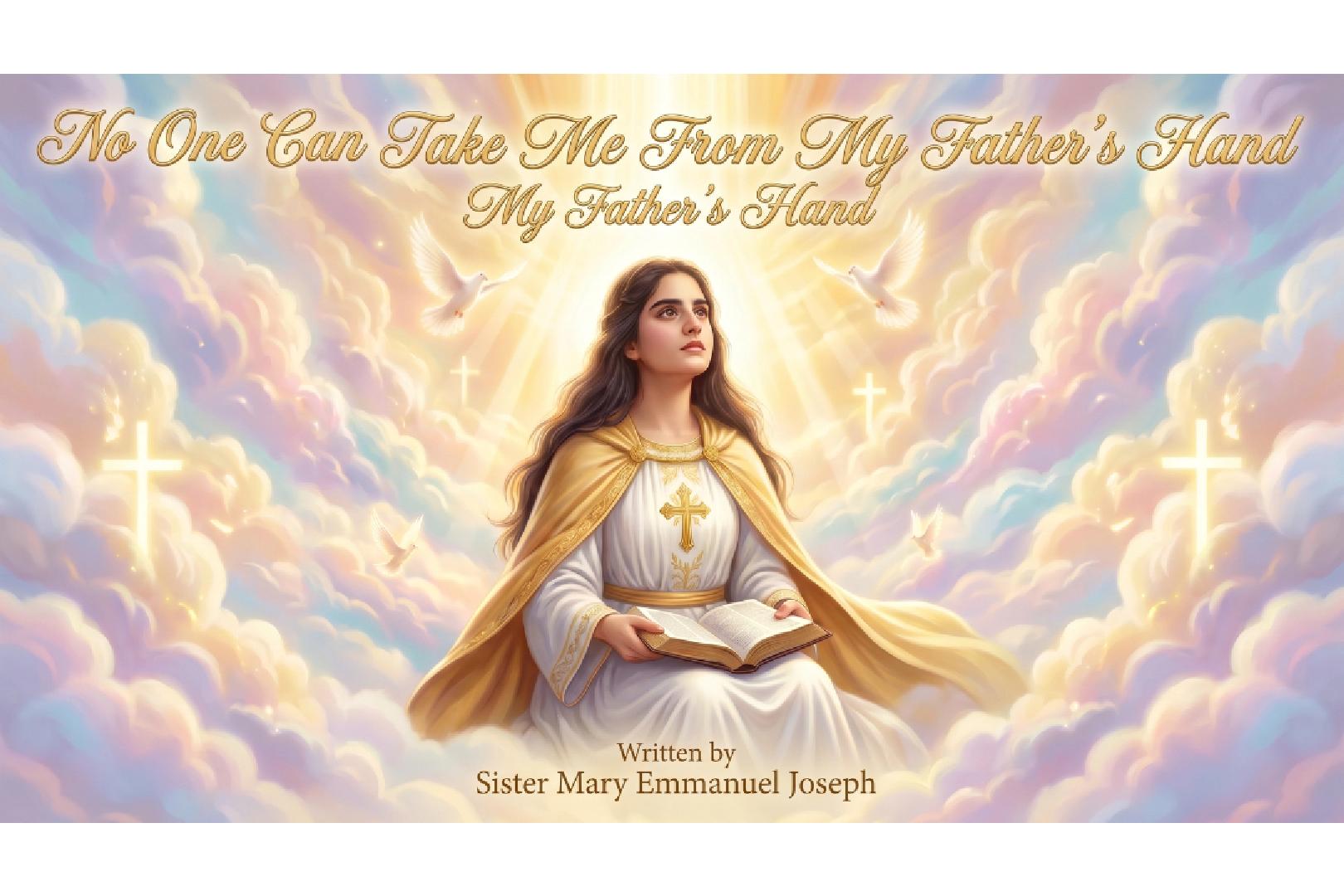 Golden spiritual song cover showing Sister Mary Emmanuel Joseph praying with an open Bible, glowing cross, rainbow light, heavenly clouds, and the title No One Can Take Me From My Father’s Hand.