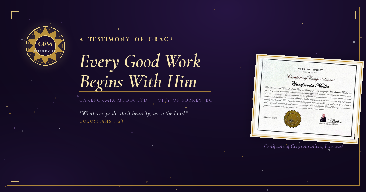 Gold and violet certificate announcement graphic for CareForMix Media Ltd., featuring the City of Surrey's Certificate of Congratulations and the scripture verse Colossians 3:23.