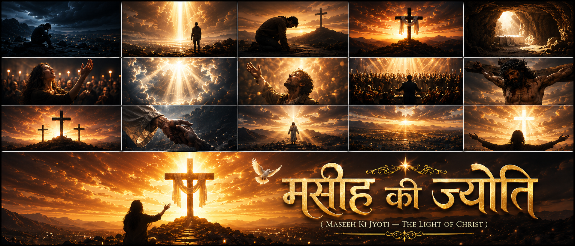 A cinematic 21:9 panoramic Christian worship cover featuring a radiant cross glowing with heavenly light at sunrise, Jesus in solemn reflection on the left, a worshipper kneeling before the cross, a white dove in the sky, dramatic clouds, mountains, and the golden Hindi title "मसीह की ज्योति" with the English subtitle "Maseeh Ki Jyoti — The Light of Christ."