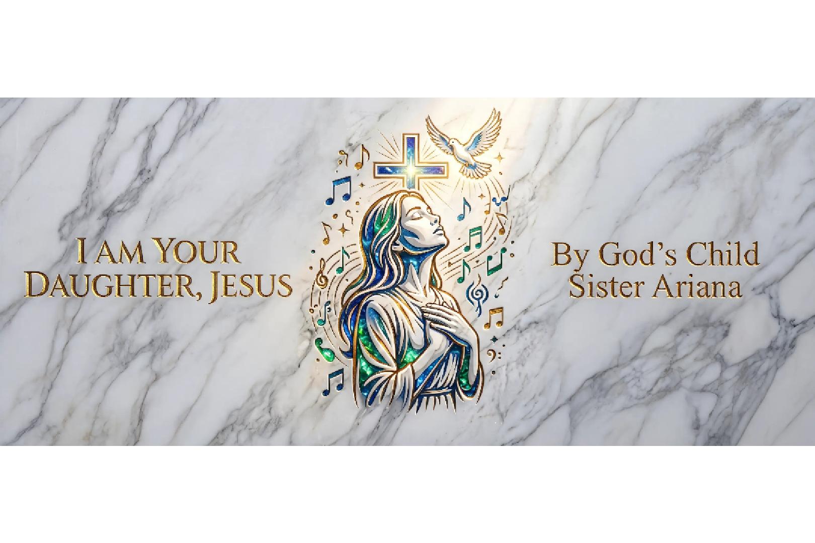 An elegant, wide graphic banner with a white marble background.In the center is a colorful, stylized illustration of a woman looking up toward the heavens with her hands crossed over her chest in deep prayer or worship. Her hair and dress are filled with vibrant shades of blue, green, and gold.Above her shines a radiant, glowing cross and a white dove in mid-flight, representing the Holy Spirit. Scattered musical notes swirl around her, symbolizing worship and song.To the left, bold golden text reads "I AM YOUR DAUGHTER, JESUS". To the right, matching golden text reads "By God's Child Sister Ariana".
