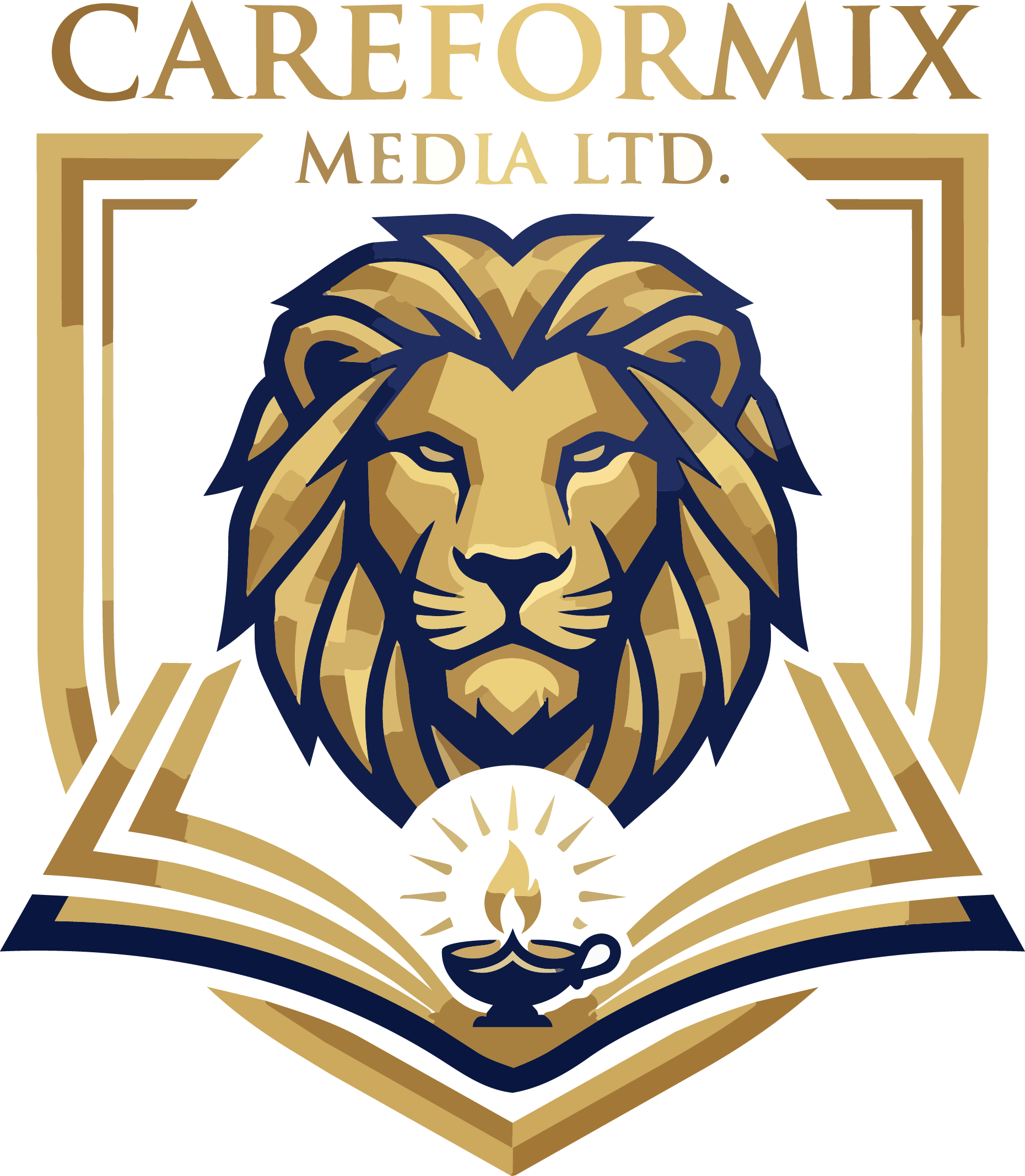 CareForMix Media Ltd. logo featuring a gold and navy lion, open book and illuminated lamp