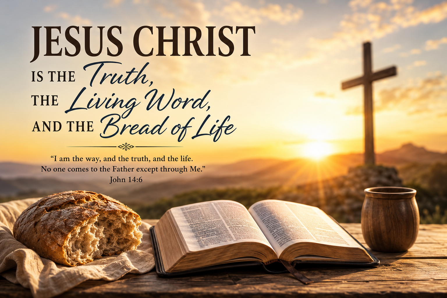 Open Bible with freshly baked bread and a wooden cup before a cross at sunrise, symbolizing Jesus Christ as the Truth, the Living Word, and the Bread of Life, with John 14:6 displayed.